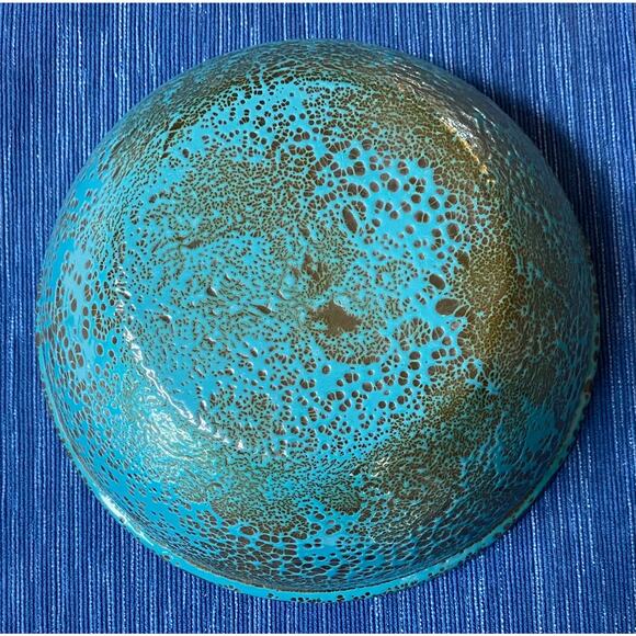 VTG Hanova of Pasadena MCM Aqua Olive Green Lava Enamel Lidded Brutalist Bowl - Picture 4 of 6